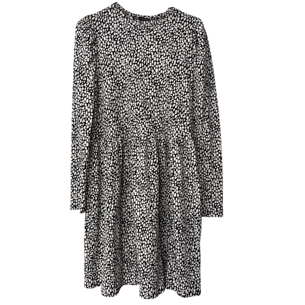 Zara Womens Black White Textured Dot Puff Sleeve Dress Size‎ S